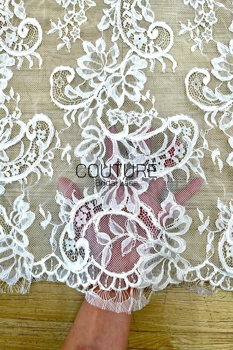 Corded Chantilly French Lace: White Baroque Scroll Floral with Eyelash Scalloped Border, 3 Meters