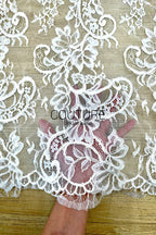 Corded Chantilly French Lace: White Baroque Scroll Floral with Eyelash Scalloped Border, 3 Meters
