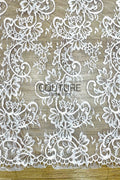Corded Chantilly French Lace: White Baroque Scroll Floral with Eyelash Scalloped Border, 3 Meters