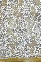 Corded Chantilly French Lace: White Baroque Scroll Floral with Eyelash Scalloped Border, 3 Meters