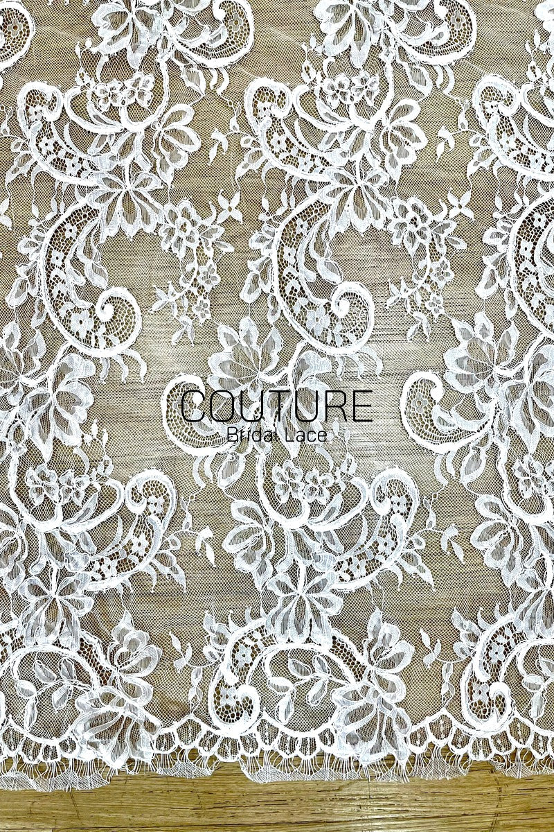 Corded Chantilly French Lace: White Baroque Scroll Floral with Eyelash Scalloped Border, 3 Meters