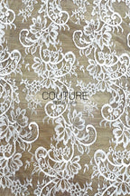 Corded Chantilly French Lace: White Baroque Scroll Floral with Eyelash Scalloped Border, 3 Meters
