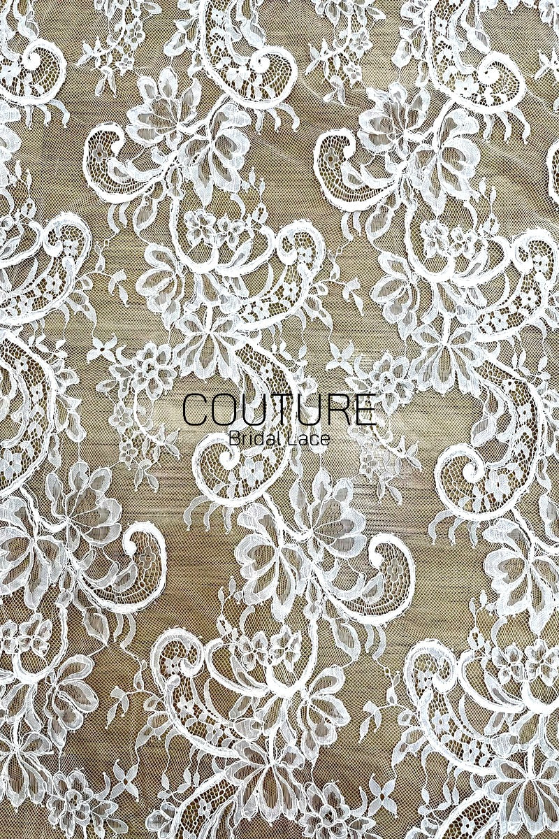 Corded Chantilly French Lace: White Baroque Scroll Floral with Eyelash Scalloped Border, 3 Meters