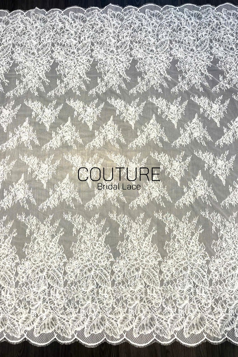 Corded Chantilly French Lace: Off-White Floral Spray with Ornate Double Border and Eyelash Scallop, 3 Meters