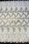 Corded Chantilly French Lace: Off-White Floral Spray with Ornate Double Border and Eyelash Scallop, 3 Meters