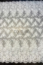 Corded Chantilly French Lace: Off-White Floral Spray with Ornate Double Border and Eyelash Scallop, 3 Meters