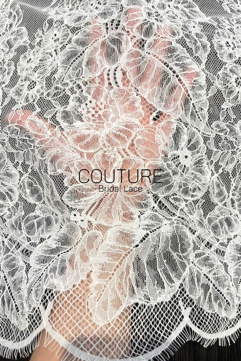 Corded Chantilly French Lace: Off-White Floral Spray with Ornate Double Border and Eyelash Scallop, 3 Meters