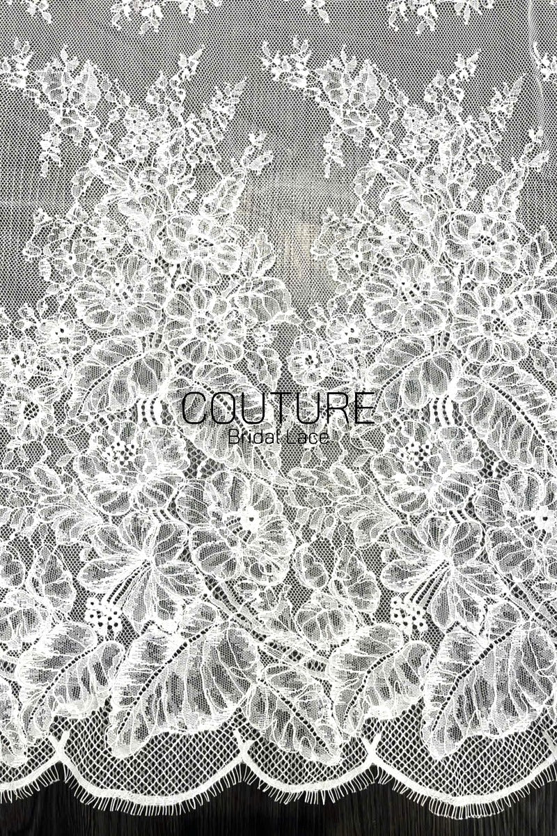 Corded Chantilly French Lace: Off-White Floral Spray with Ornate Double Border and Eyelash Scallop, 3 Meters