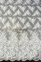 Corded Chantilly French Lace: Off-White Floral Spray with Ornate Double Border and Eyelash Scallop, 3 Meters