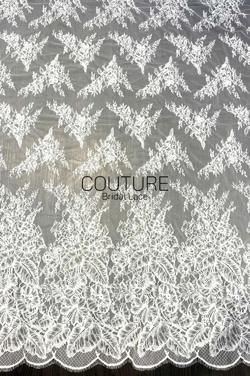 Corded Chantilly French Lace: Off-White Floral Spray with Ornate Double Border and Eyelash Scallop, 3 Meters