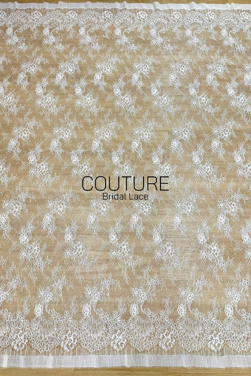 Corded Chantilly French Lace: White Featherweight Scattered Floral Spray with Scroll Border, 3 Meters
