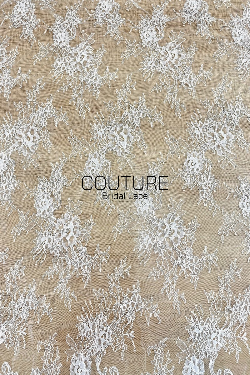 Corded Chantilly French Lace: White Featherweight Scattered Floral Spray with Scroll Border, 3 Meters
