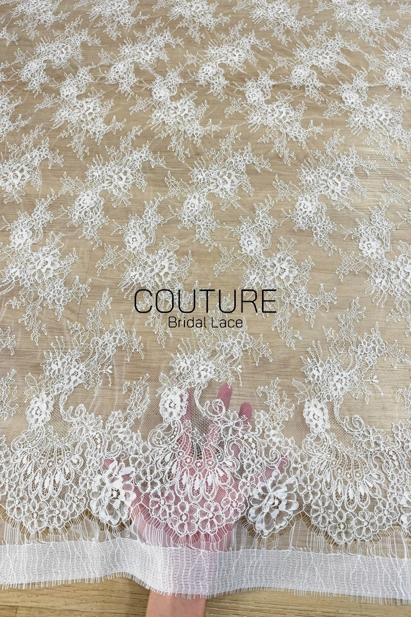 Corded Chantilly French Lace: White Featherweight Scattered Floral Spray with Scroll Border, 3 Meters