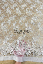 Corded Chantilly French Lace: White Featherweight Scattered Floral Spray with Scroll Border, 3 Meters