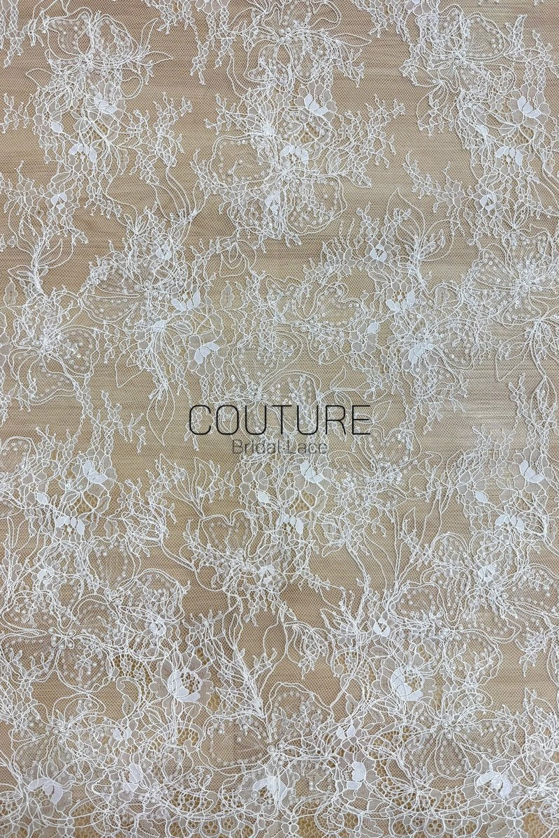 Corded Chantilly French Lace: White Allover Floral Trellis with Scalloped Border, 3 Meters