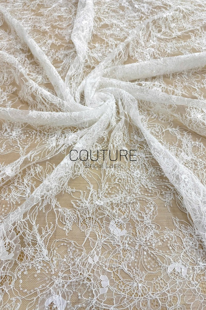 Corded Chantilly French Lace: White Allover Floral Trellis with Scalloped Border, 3 Meters