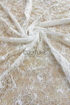 Corded Chantilly French Lace: White Allover Floral Trellis with Scalloped Border, 3 Meters