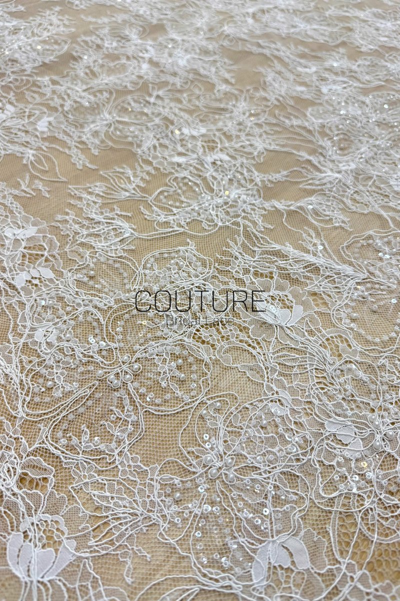 Corded Chantilly French Lace: White Allover Floral Trellis with Scalloped Border, 3 Meters