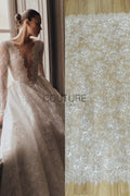 Corded Chantilly French Lace: White Allover Floral Trellis with Scalloped Border, 3 Meters