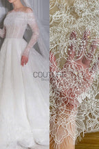 Corded Chantilly French Lace: White Allover Floral Trellis with Scalloped Border, 3 Meters