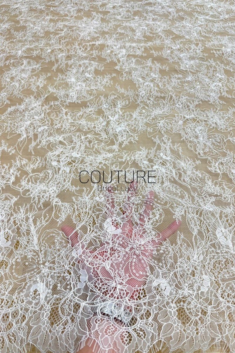 Corded Chantilly French Lace: White Allover Floral Trellis with Scalloped Border, 3 Meters