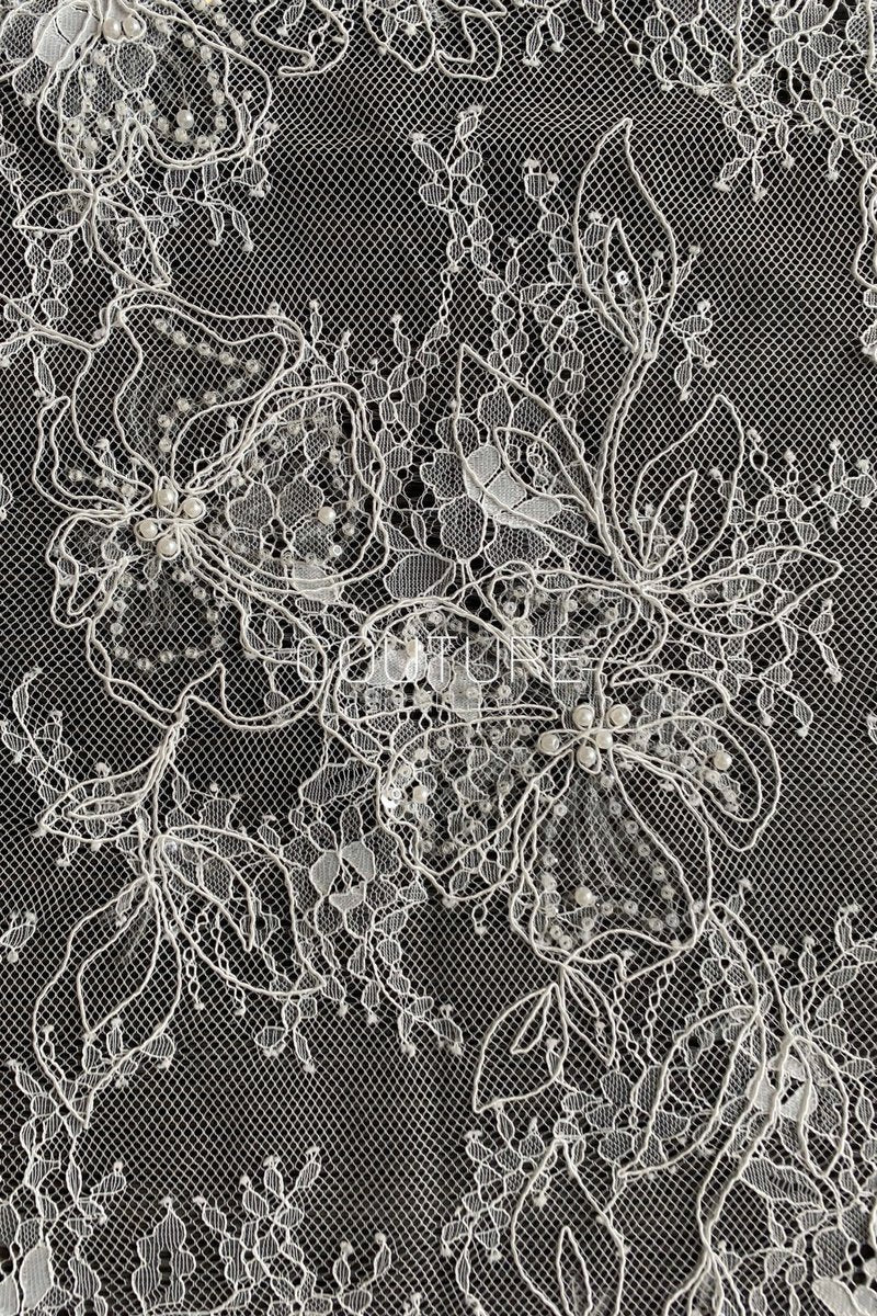 Corded Chantilly French Lace: White Allover Floral Trellis with Scalloped Border, 3 Meters