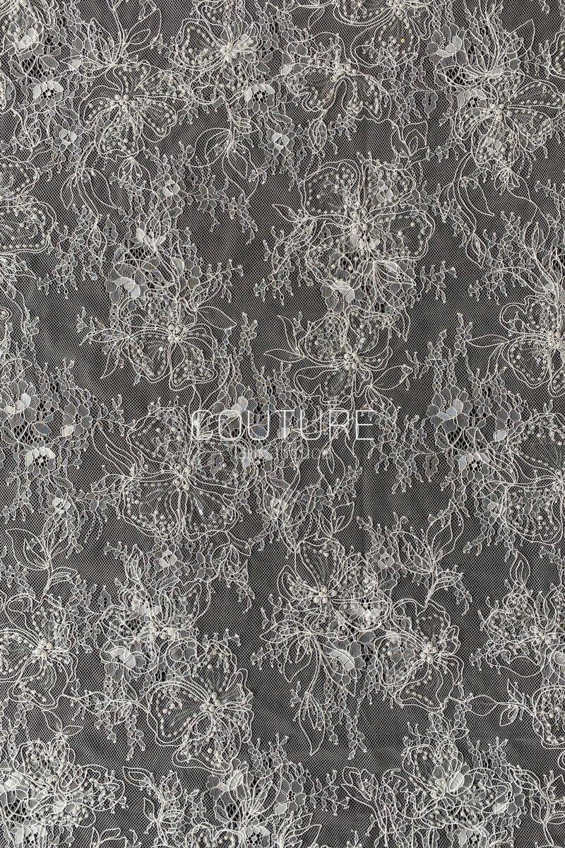 Corded Chantilly French Lace: White Allover Floral Trellis with Scalloped Border, 3 Meters