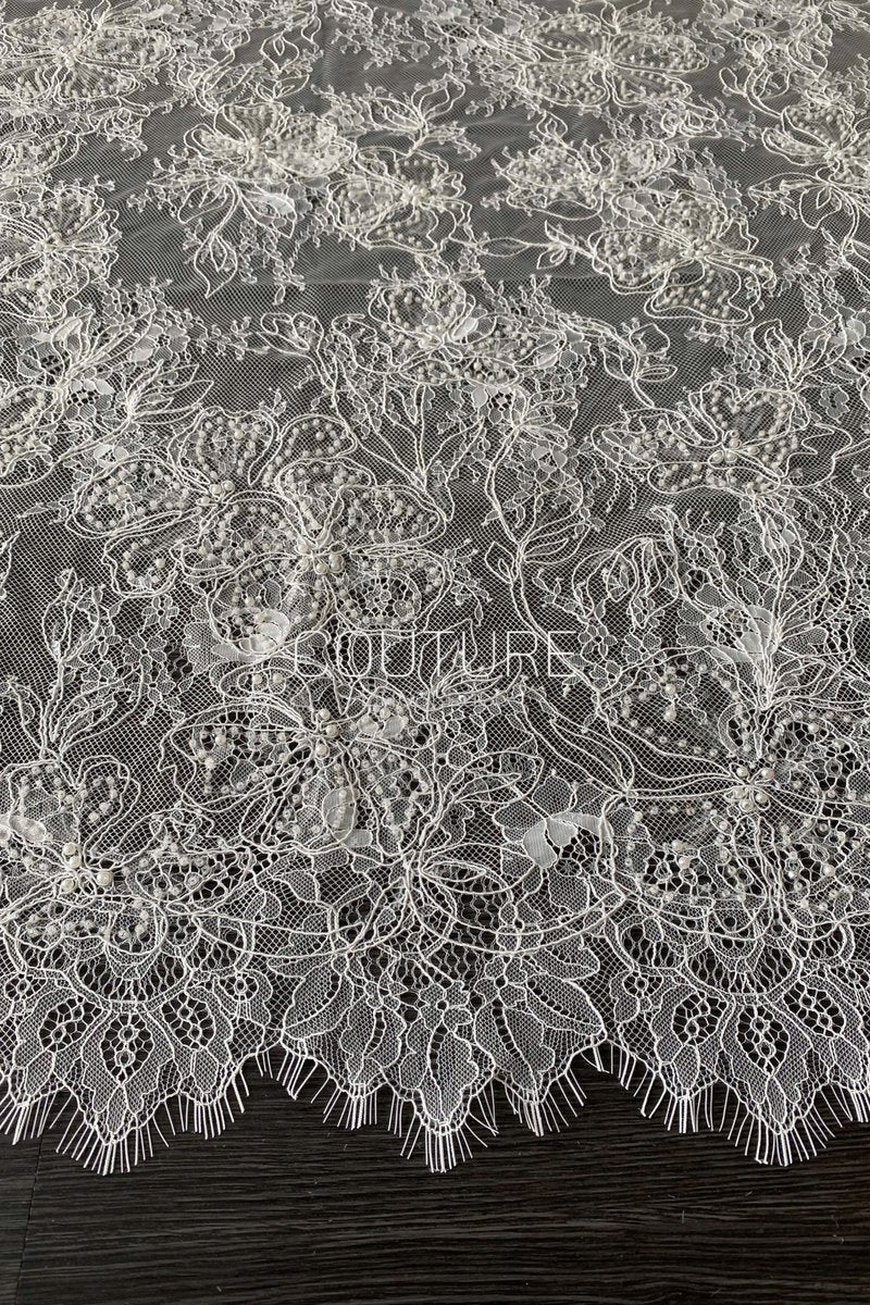 Corded Chantilly French Lace: White Allover Floral Trellis with Scalloped Border, 3 Meters