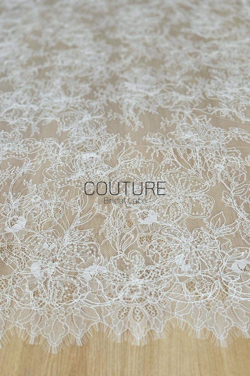 Corded Chantilly French Lace: White Allover Floral Trellis with Scalloped Border, 3 Meters