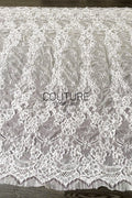 Corded Chantilly French Lace: Light Ivory Vertical Floral Vine Columns with Jewel Openwork Scalloped Border, 3 Meters