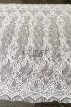 Corded Chantilly French Lace: Light Ivory Vertical Floral Vine Columns with Jewel Openwork Scalloped Border, 3 Meters