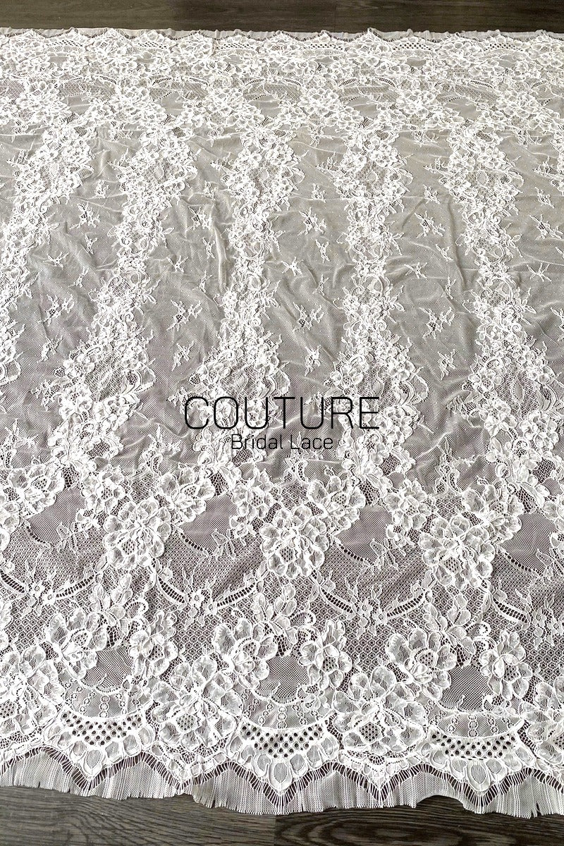 Corded Chantilly French Lace: Light Ivory Vertical Floral Vine Columns with Jewel Openwork Scalloped Border, 3 Meters