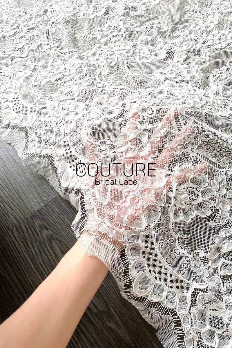 Corded Chantilly French Lace: Light Ivory Vertical Floral Vine Columns with Jewel Openwork Scalloped Border, 3 Meters
