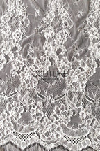 Corded Chantilly French Lace: Light Ivory Vertical Floral Vine Columns with Jewel Openwork Scalloped Border, 3 Meters