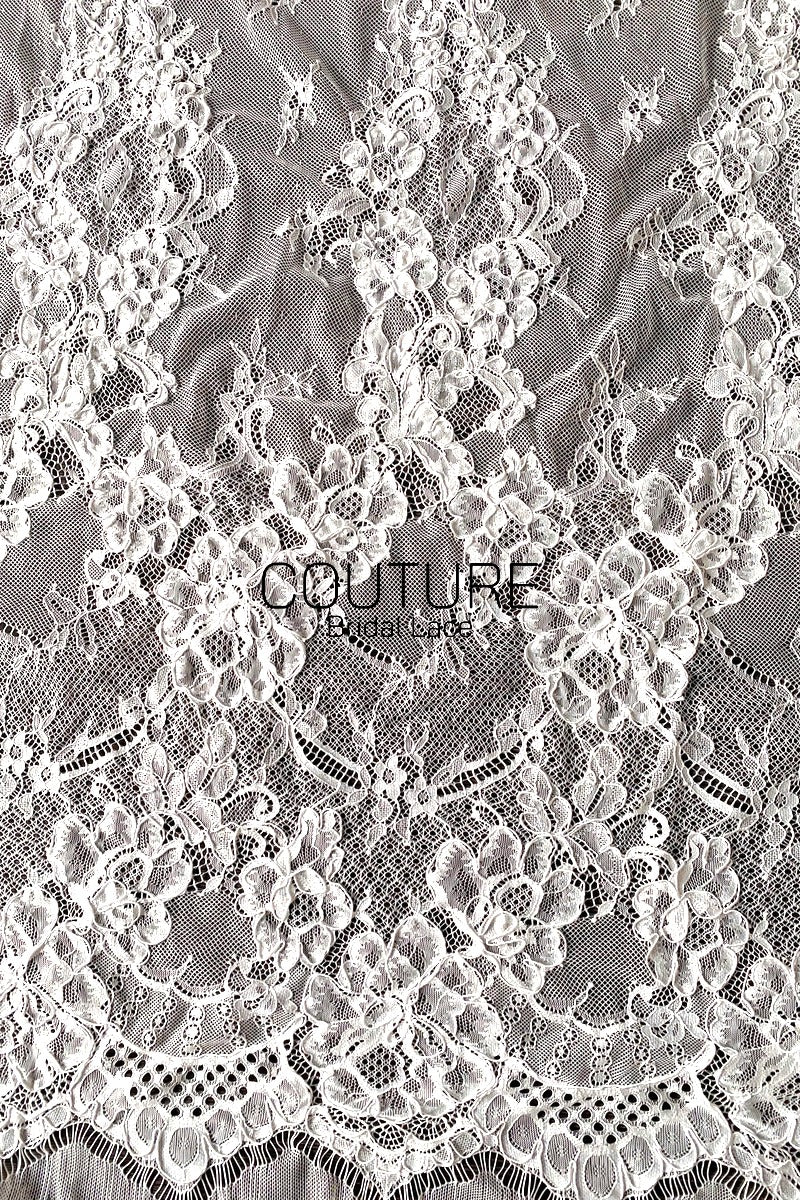 Corded Chantilly French Lace: Light Ivory Vertical Floral Vine Columns with Jewel Openwork Scalloped Border, 3 Meters