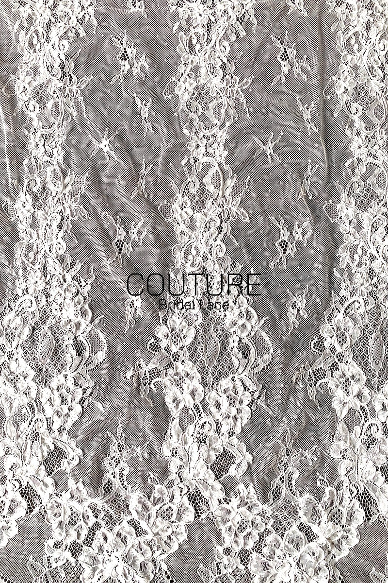 Corded Chantilly French Lace: Light Ivory Vertical Floral Vine Columns with Jewel Openwork Scalloped Border, 3 Meters