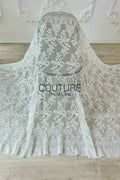 Corded Chantilly French Lace: White Vertical Floral Vine Columns with Scrolling Floral Scalloped Border, 1 Meter