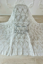 Corded Chantilly French Lace: White Vertical Floral Vine Columns with Scrolling Floral Scalloped Border, 1 Meter