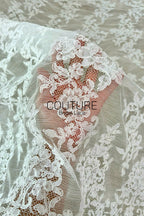 Corded Chantilly French Lace: White Vertical Floral Vine Columns with Scrolling Floral Scalloped Border, 1 Meter