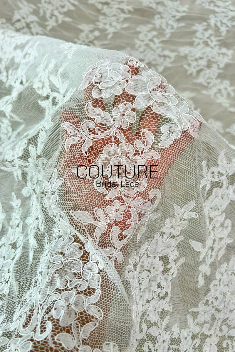 Corded Chantilly French Lace: White Vertical Floral Vine Columns with Scrolling Floral Scalloped Border, 1 Meter