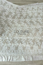 Corded Chantilly French Lace: White Vertical Floral Vine Columns with Scrolling Floral Scalloped Border, 1 Meter