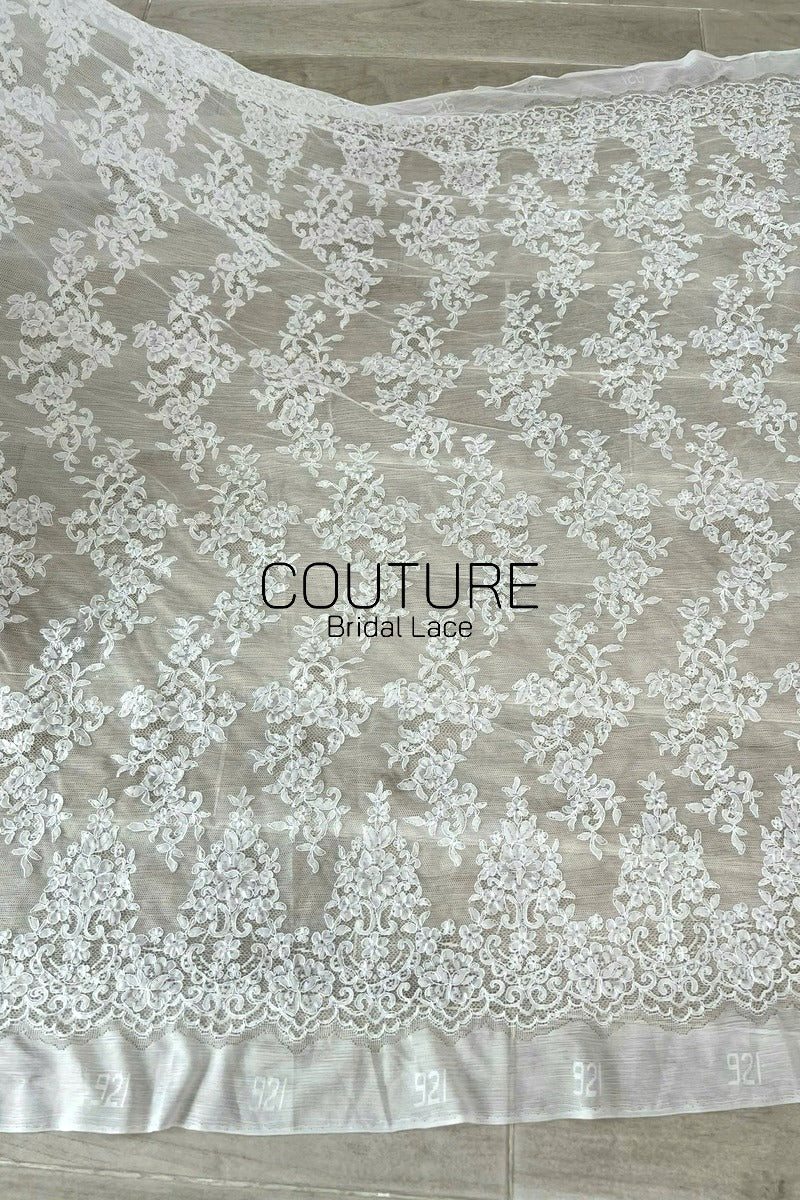 Corded Chantilly French Lace: White Vertical Floral Vine Columns with Scrolling Floral Scalloped Border, 1 Meter