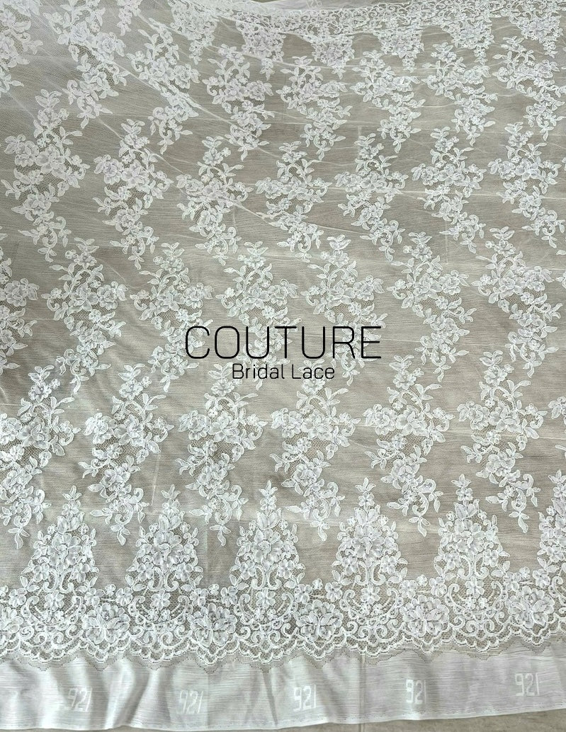 Corded Chantilly French Lace: White Scattered Floral Clusters with Scrolling Volute Scalloped Border, 1 Meter