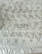 Corded Chantilly French Lace: White Scattered Floral Clusters with Scrolling Volute Scalloped Border, 1 Meter