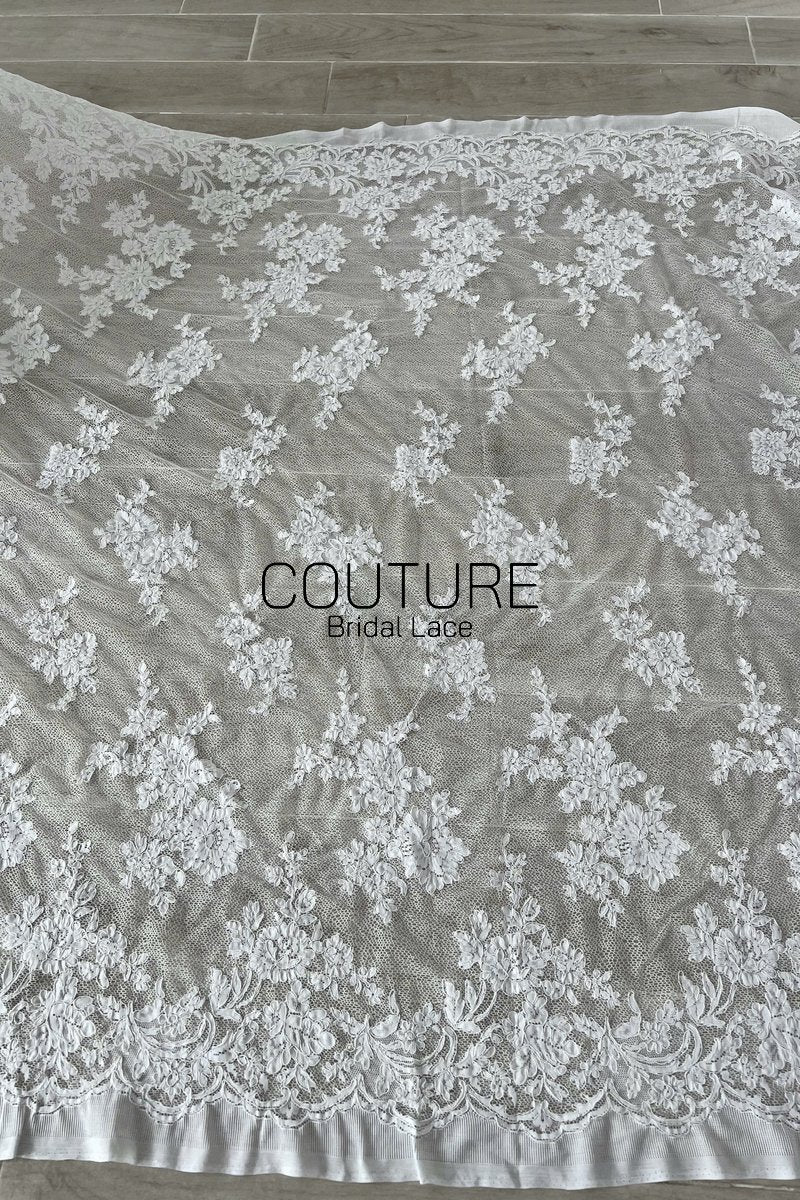 French Lace: White Cascading Floral Clusters with Scalloped Floral Embroidered Lace Edge, 1 Meter