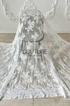 French Lace: White Cascading Floral Clusters with Scalloped Floral Embroidered Lace Edge, 1 Meter