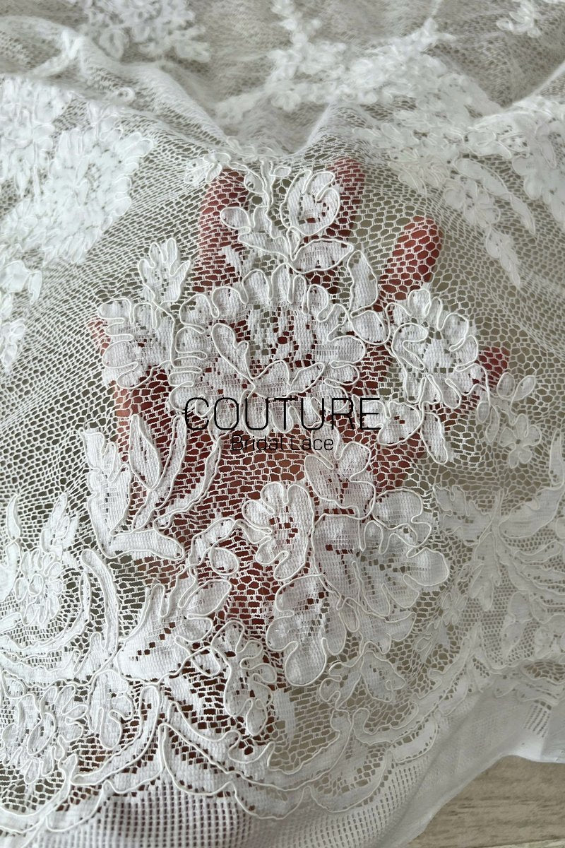 French Lace: White Cascading Floral Clusters with Scalloped Floral Embroidered Lace Edge, 1 Meter