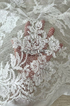 French Lace: White Cascading Floral Clusters with Scalloped Floral Embroidered Lace Edge, 1 Meter