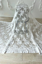 Corded Chantilly French Lace: White Scattered Floral Clusters with Scrolling Volute Scalloped Border, 1 Meter