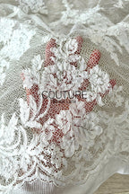 Corded Chantilly French Lace: White Scattered Floral Clusters with Scrolling Volute Scalloped Border, 1 Meter